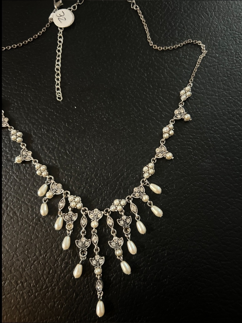 Silver Pearl Teardrop Fringe Necklace - White